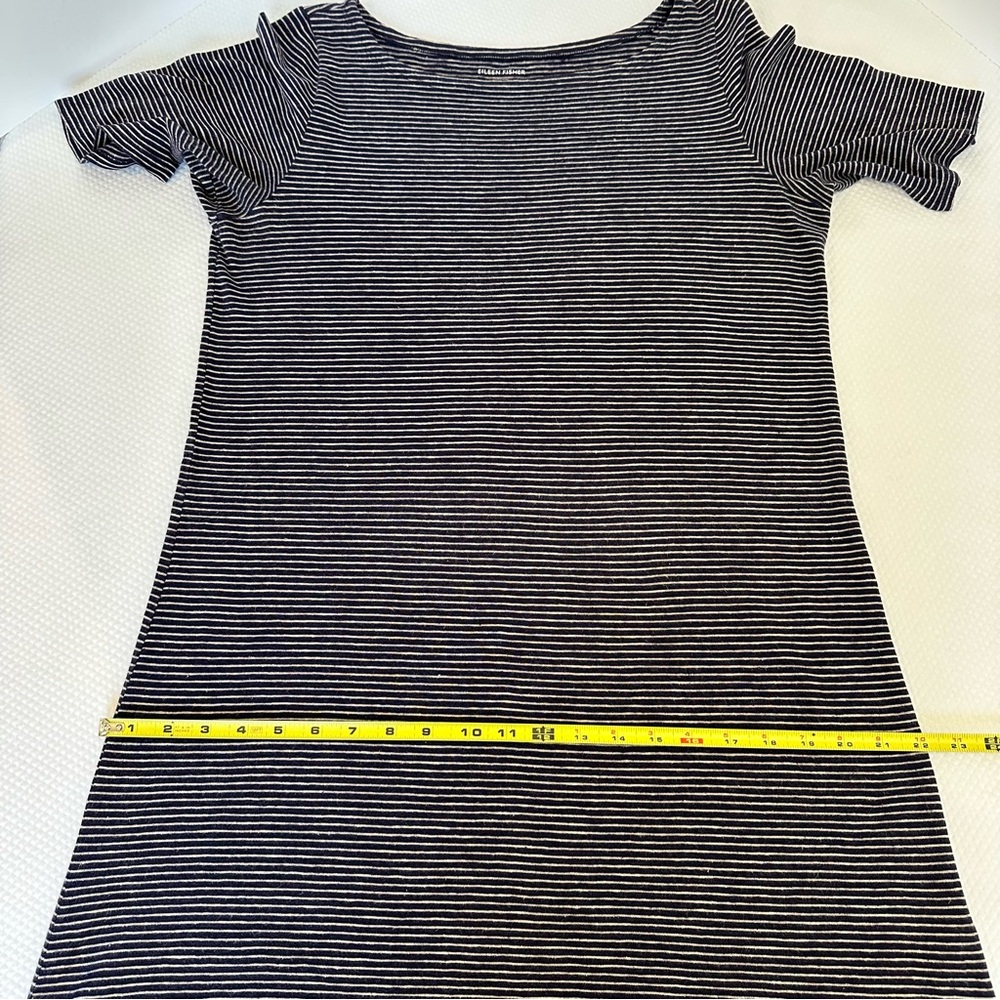 Eileen Fisher Dress Navy and Cream Striped‎ Midi Hemp & Cotton Blend Minimalist